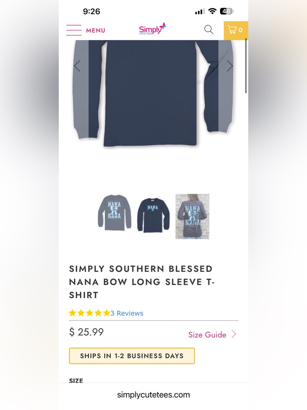 Simply Southern Navy Blue with Blue Floral Blessed Nana Bow Long Sleeved TShirt - Picture 4 of 4